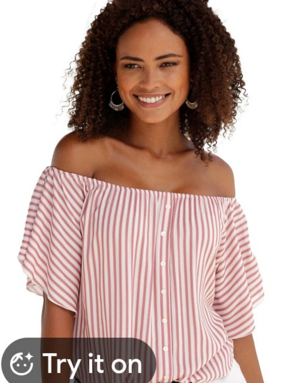 Lascana Women's Off-Shoulder Blouse in Dusty Rose And White Stripes
